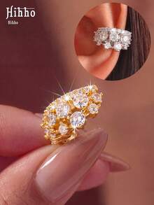 Hihho 1pc Premium Luxury Style Full Zirconia Rhinestone Ear Clip, Scattered Star-Like Rhinestone Arrangement With Large And Small Stones Inlaid Details, No Ear Hole Women's Versatile Earring For Daily Wear, Shopping And Dining - Round Zirconium - View 1