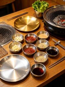 8pcs/6pcs/5pcs/1pc Stainless Steel Dipping Sauce Dish Set, Multi-Functional Round Tray With Small Bowls, Suitable For Sushi, Hot Pot, BBQ, Fried Chicken, Butter And Jam, Elegant Tableware For Dinner And Breakfast Butter Dish, Kitchen Gadget, Kitchen Essential, Suitable For Kitchen And Party Use. Christmas, Halloween, Thanksgiving Gift. - View 8