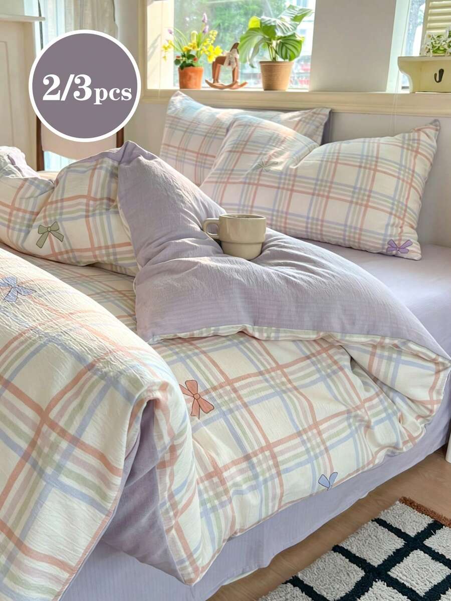 2/3pcs Purple Bow, Multi-Color Plaid Pattern, Japanese Style, Textured, Double Layer Gauze, Super Soft, Sweet & Cute, Suitable For Women's Dressing, Water-Washed Matte Bedding Set, Twin XL Bedding, Dorm Bedding Set, Spring/Summer Style, Double Bed, Queen Bed, King Bed Optional. - Multicolor - View 1