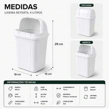 LIXEIRA COZINHA TAMPA RETRATIL 4 LITROS BRANCA CESTO LIXO 4L QUARTO BEBE PIA BANCADA COMPACTA PLASTICA RESISTENTE HIGIENICA - Visão 7