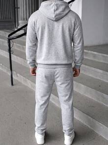 Men's Minimalist Fashion Casual Sports Set With Half-Zip Hooded Drop Shoulder Long Sleeve Sweatshirt And Drawstring Elastic Waist Tapered Pants - Dark Grey - View 2