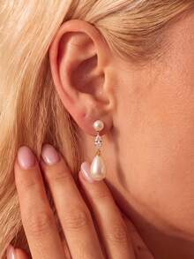 14K Gold Plated Cubic Zirconia Pearl Earrings, Hypoallergenic Gold Plated Earrings, Elegant Bridal Pearl Jewelry, Suitable For Evening Wear And Daily Wear - Gold - View 8