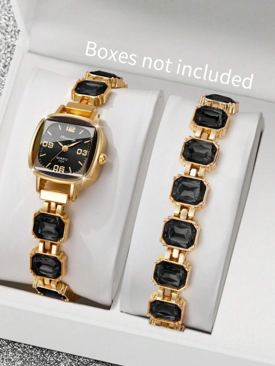 Women's Square Rhinestone Dial Digital Scale Quartz Bracelet Watch + Square Rhinestone Bracelet (2pcs/Set) Watch Box Not Included - Black - View 1