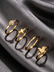 4pcs Minimalist 18K Gold Plated Stainless Steel Matte Butterfly Heart Rhinestone Twisted Thin Rings For Women Men Daily Wear Date Gift - Gold - View 8