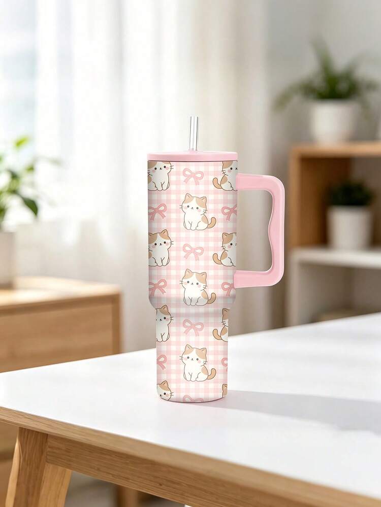 1pc/5pcs 40oz Large Capacity Stainless Steel Insulated Coffee Tumbler With Lid, Straw And Handle, Sweet Pink Plaid Print With Cat And Bow Design, For Iced Coffee And Oat Milk, Birthday Holiday Gift For Best Friend, Suitable For Road Trips And Workplace - Multi-color - Cat - View 8