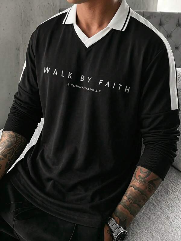 Men's Minimalist English Print Contrast Color Loose Drop Shoulder Airplane Collar Spring Autumn Long Sleeve T-Shirt