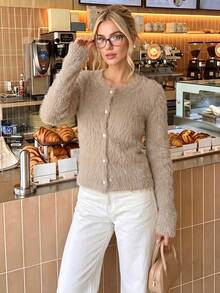 Women Fuzzy Knit Solid Crew Neck Button Down Long Sleeve Regular Cardigan Top - Khaki - View 2
