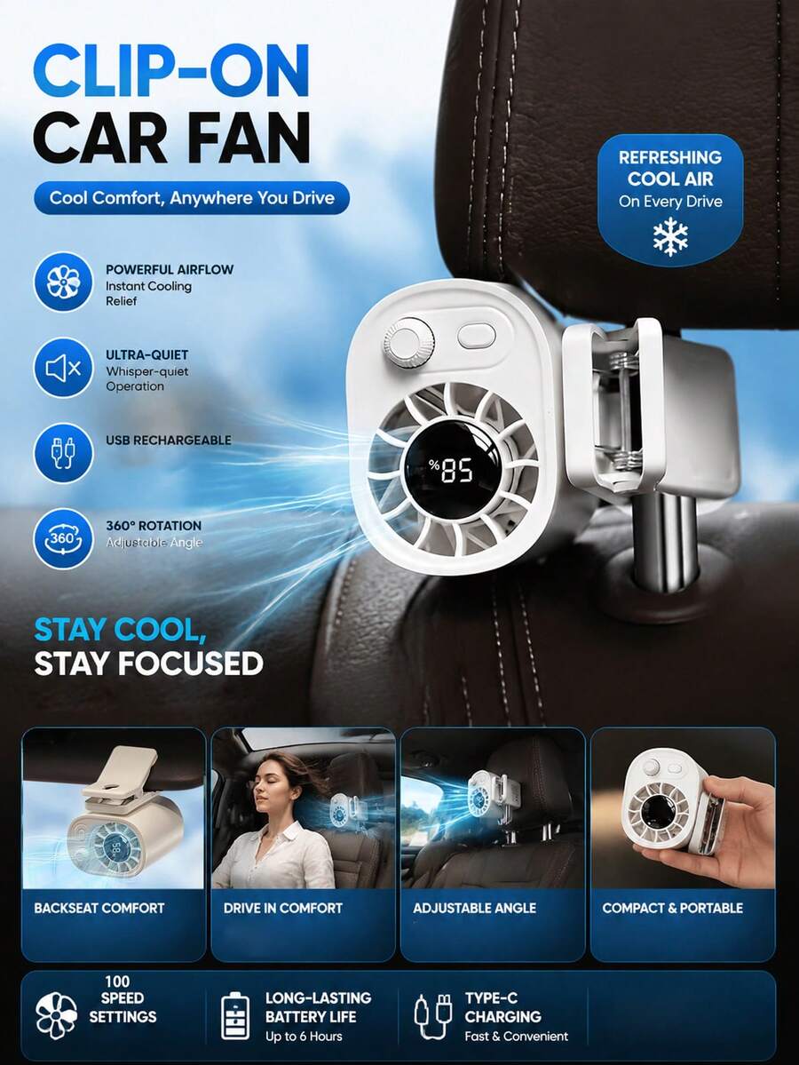 Car Clip-On Fan 100 Speeds Adjustable USB Rechargeable LED Display 1200mAh Clip-On Portable Fan With 360° Rotation , Pocket Size Summer Cooling Essentials For Travel/Beach/Concert/Car/Hiking Gifts Clip-On Mini Fan