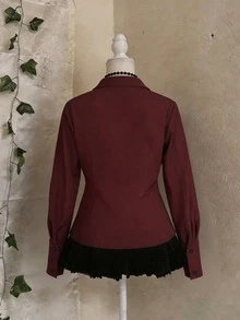 Women's Burgundy Long Sleeve Blouse, Pleated Design, Shirt Collar Woven Fabric, Fashionable Autumn Top - Burgundy - View 2
