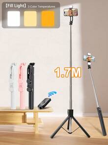 Stainless Steel Foldable Selfie Stick Tripod With Non-Slip Texture, Bluetooth Remote And Fill Light, Adjustable Phone Holder, Black/White/Pink Multi-Color Portable Camera Stand For Outdoor Travel Vlog Shooting - View 1