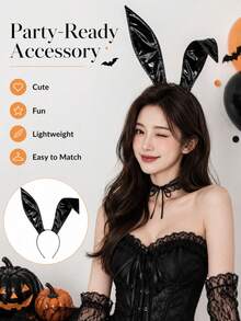 1pc Shiny Patent Leather Rabbit Ear Headband, Long Foldable Rabbit Ear Headband, Halloween Cosplay Bunny Costume Party Hair Accessory - Black - View 7