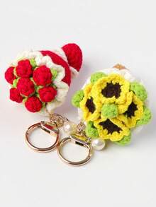 Cute Crochet Bouquet Keychain Mini Hand-Knitted Flower Keychain Ring Car Bag Hanging Pendant Ornament Lover Valentine's Day Gift Keychains For Backpack - View 1
