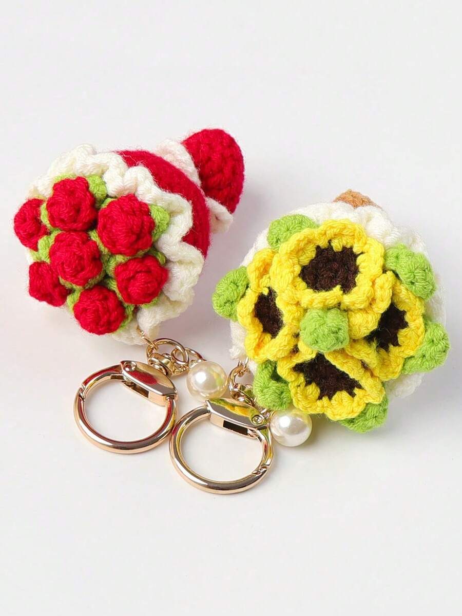Cute Crochet Bouquet Keychain Mini Hand-Knitted Flower Keychain Ring Car Bag Hanging Pendant Ornament Lover Valentine's Day Gift Keychains For Backpack - View 1