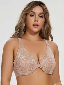 MELENECA Women's Front Closure Plus Size Racerback Stretch Lace Underwire Bra - Beige - View 5