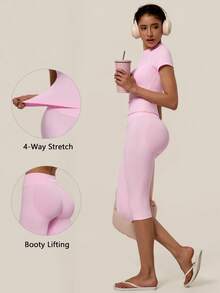 TimeOff Women's One Set Solid Color Seamless Crew Neck Short Sleeve Ribbed Waist Mid-Length Pants Sports Set - Pink - View 3