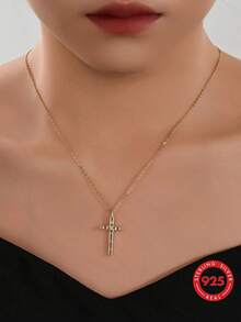 1pc S925 Sterling Silver Cool Style Blue Diamond & Crushed Diamond Cross Necklace, Minimalist Thin Rhinestone Cross Collarbone Chain, Niche Commuter Versatile Faith Pendant Gift - Cross - View 2
