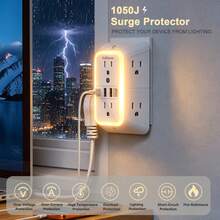 10-In-1 Wall Outlet Expander, 1050J Surge Protector, 20W USB-C Fast Charging, 6 Wide Spaced AC Outlets And 4 USB Ports, 3-Sided Design, Suitable For Home Office Kitchen - White - View 6