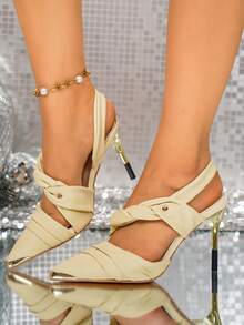 2026 Spring/Summer New Light Mature Style Pale Yellow Knot Tie High Heel Shoes, Metal Pointed Toe Stiletto Heel Backless Sandals, Wedding Bridesmaid Date Vacation Travel Party Banquet Shoes - Pale Yellow - View 5
