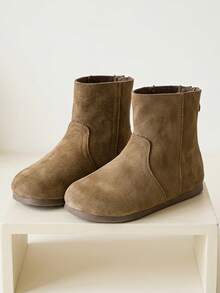 1 Pair 2026 New Children's Ankle Boots, Minimalist Back Zipper Solid Color Design, Korean Gentle Casual Style, Versatile For Daily Wear - Khaki - View 1