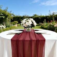 Elegant Burgundy Sheer Table Runner & Soft Chiffon Table Sash - Solid Color Wedding, Reception & Boho Decor Suitable For Ceremony, Table Setting - Fabric, No Assembly Required, Instant Decoration - Burgundy - View 8