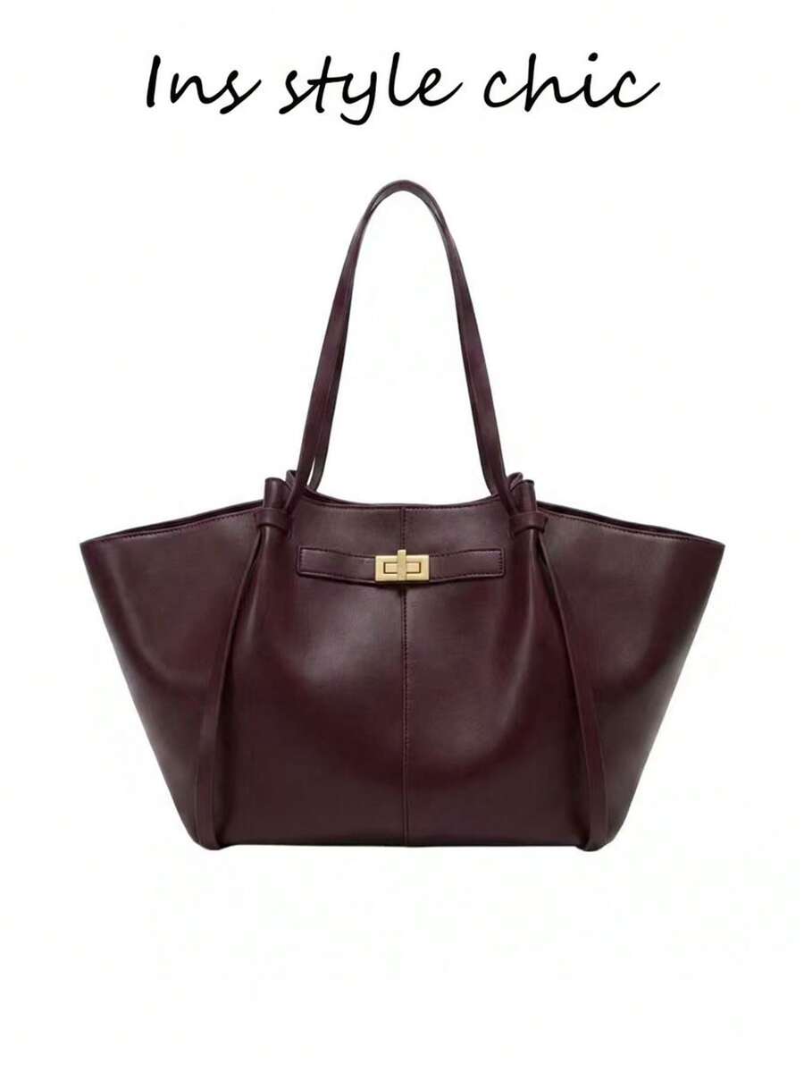 Metal Buckle Minimalist Decoration, Soft Smooth Leather Fabric, Large Capacity To Meet Diverse Storage Needs, Twist Lock Closure Design, Suitable For Daily Commute, Casual Shopping, Short Trips, Versatile Fashion Shoulder Tote Bag - Burgundy - View 1