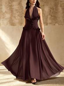 Women's Elegant Deep V-Neck Backless Sleeveless Pleated Flared Long Dress, Suitable For Formal Ball Wear - Coffee Brown - View 4
