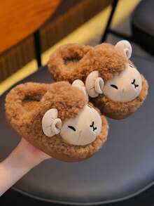 1 Pair Kids Boys Girls Winter New Cute Lamb Fuzzy Slippers Warm Indoor House Shoes - Brown - View 3
