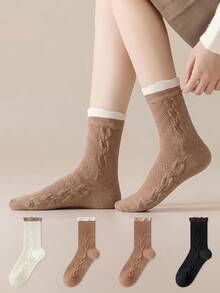 ZUJO 3 Pairs Women's Bubble Cuff Lace Mid-Calf Socks, Maillard Color Palette, 3D Embossed Cable Knit, Simple & Comfortable, Suitable For Spring, Autumn And Winter - Multicolor - View 3
