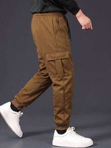Men's Thermal Lined Thickened Sports Long Pants - Brown - View 2