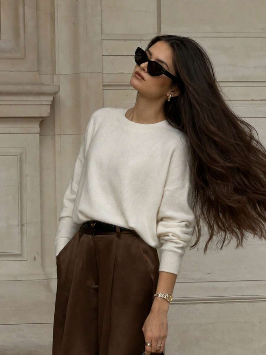 French Style Women's Autumn/Winter New Apricot Vintage Round Neck Long ...
