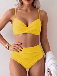Summer Solid Color Elegant Bohemian Sweet Style Two Pieces Bikini Swimwear Beach Vacation Set Yellow - Yellow - View 6