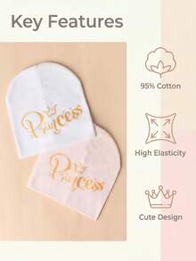2 Peças Gorro de Algodão Quente com Estampa de Letra de Princesa em Folha para Bebê Menina, Uso Diário em Casa & Ao Ar Livre, Todas as Estações - Multicolorido - Visão 2