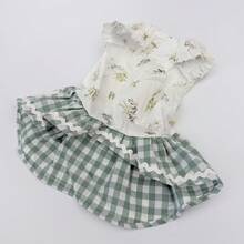 Puppy Princess Dress, Fresh Ditsy Floral Dog Dress, Green Plaid Trim Pet Clothes - Multicolor - View 8