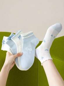 Women's Blue Bowknot Heart Pattern Short Socks, Cute Style, Soft & Skin-Friendly, Campus Wear, Casual Versatile - Multicolor - View 1