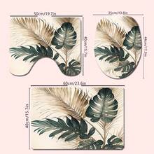 1/4pcs Tropical Monstera Palm Leaf Shower Curtain Set, Vintage Green & Gold Botanical Print Bathroom Curtain, Includes Toilet Lid Cover, Bathroom Mat, 4pcs Complete Home Bathtub Bathroom Decor Set - A - View 11