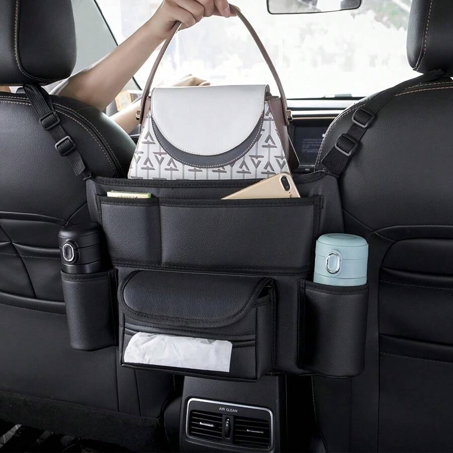 1件裝汽車座椅收納袋，附杯架與收納口袋，中央扶手箱側邊收納袋，適用轎車、SUV、卡車，無需工具，緊湊型後座或駕駛座收納整理系統，汽車收納整理袋