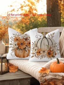4pcs, 2D Flat Print Thanksgiving Country Rustic Throw Pillow Covers, Non-Real Embroidery Pumpkin Floral Cushion Covers,Fall Home Decorative Pillowcases,No Pillow Inserts - Black - View 7