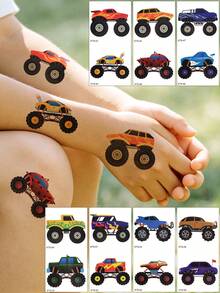 14 piezas Pegatinas de tatuaje temporal de coche de carreras de dibujos animados, resistentes al agua & de larga duración, para fiesta de vacaciones - Multicolor - Ver 13