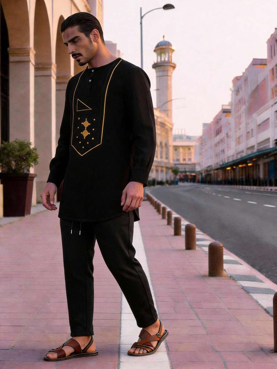Disqoir 非洲传统服饰 Dashiki 黑色 Boubou 男士优雅套装 新款 2 件套奢华品牌服装 全套裤装 男士 Dashiki - 黑色 - 查看 1
