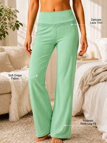 Sodalemon Women's Lace Trim Wide-Leg PJ Pants - Mint Green - View 2