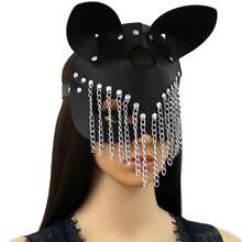 1pc Cool Dark Rivet PU Leather Fox Mask, Punk Metal Chain Tassel Animal Ear Decor Mask, Unisex Halloween Costume Party Cosplay Accessory - Multicolor - View 7