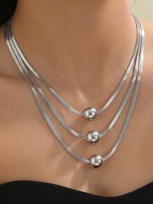 1pc Fashionable Exquisite 3-Layer Flat Snake Chain With Round Beads Layered Collarbone Necklace, Suitable For Women's Daily Wear, Holiday Gift And Birthday Gift - Silver - View 3