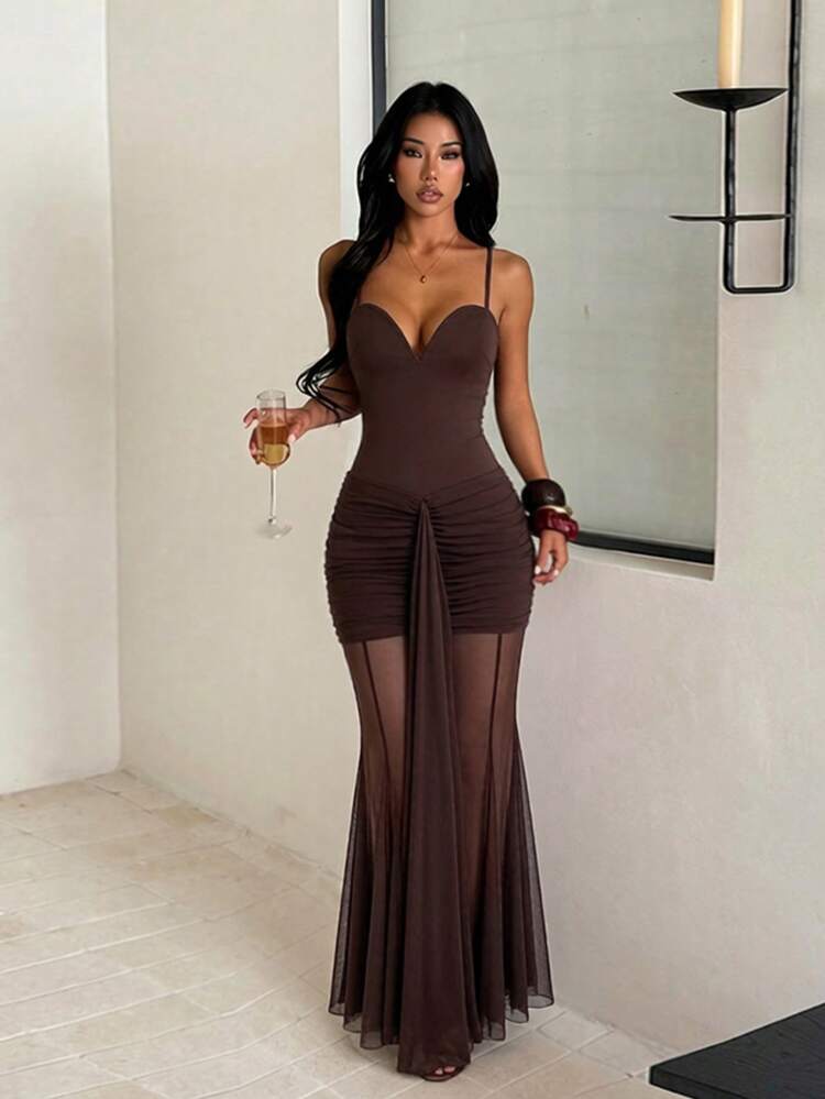 1pc Solid Color Elegant Knit Fabric Sheer Dress Beach Summer - Brown - View 1