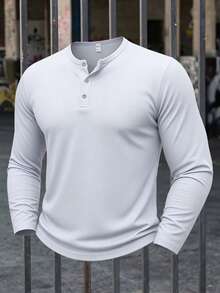Men's Casual Solid Loose Fit Long Sleeve Henley Shirts Fashion White Button Placket Top - White - View 3