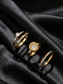 3pcs Set Luxury Vintage 18K Gold Plated Stainless Steel Rhinestone Wave Round Diamond Ring, Men's Women's Daily Commute Anniversary Jewelry - Gold - View 6