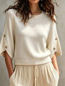 Women's Casual Autumn/Winter Solid Beige Round Neck Batwing Sleeve Knit Sweater With Button Design/Daily Commute Office Pullover - Apricot - View 7