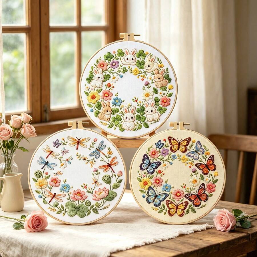 3款森林動物花卉花環3D刺繡DIY全套材料包 兔子/蝴蝶/蜻蜓花卉圓形刺繡框套組，零基礎初學者壓力釋放手工家居裝飾創意禮物