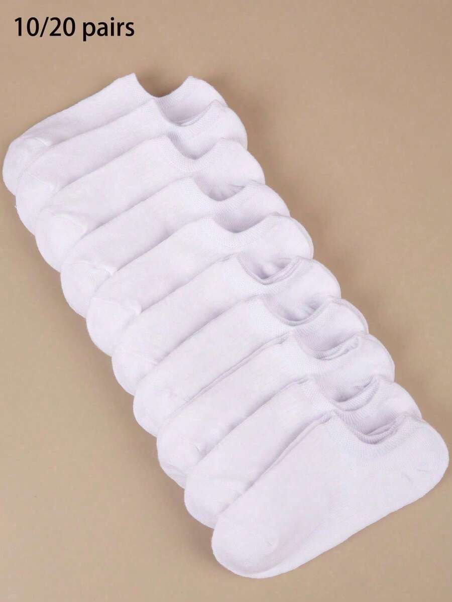 1/5/10/20/30 Pairs Women's White Boat Socks, Thin Breathable Summer Low-Cut Non-Slip No-Heel Invisible Socks - White - View 1