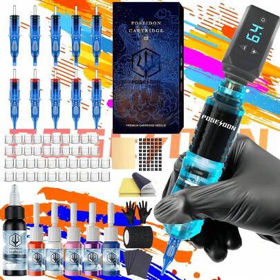 Tattoo Pen Kit - POSEIDON Wireless Tattoo Machine Kit, Tattoo Gun Kit With Tattoo Power Supply And 20 Pcs Tattoo Cartridge Needles, Complete Tattoo Kit Tattoo Supplies For Beginners