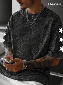 Hemo 男士夏季街頭風星星圖案寬鬆短版T恤，微彈水洗做舊黑色上衣，休閒日常寬鬆短版T恤 - 黑色 - 查看 2